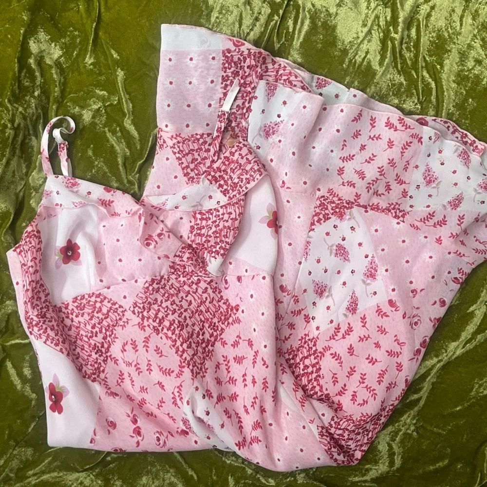 Vintage pink summer cottagecore flower floral plants sleeves white ruffles dress - Picture 2 of 8